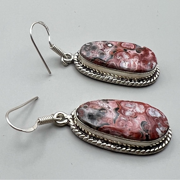 New Leopard or Asteroid Jasper Stone Silver Hook Earrings - Picture 4 of 5